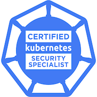 Kubernetes Certified Security Specialist written on a blue 6 handled ships wheel, with each handle linked by a line to the next.